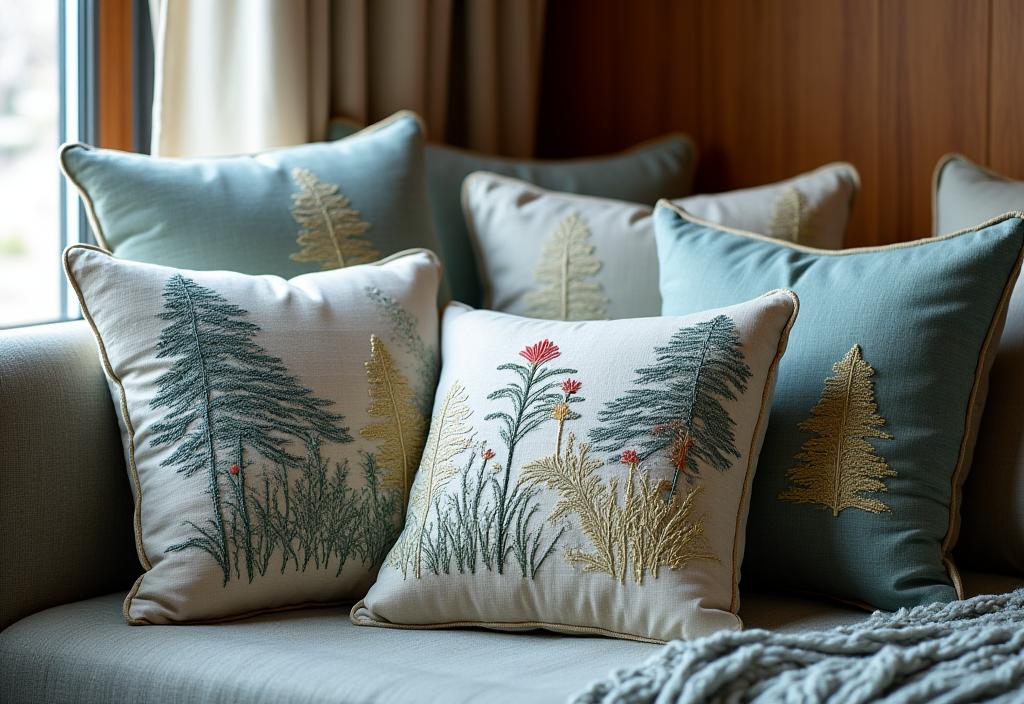 Embroidered Swiss pillows in alpine interior design