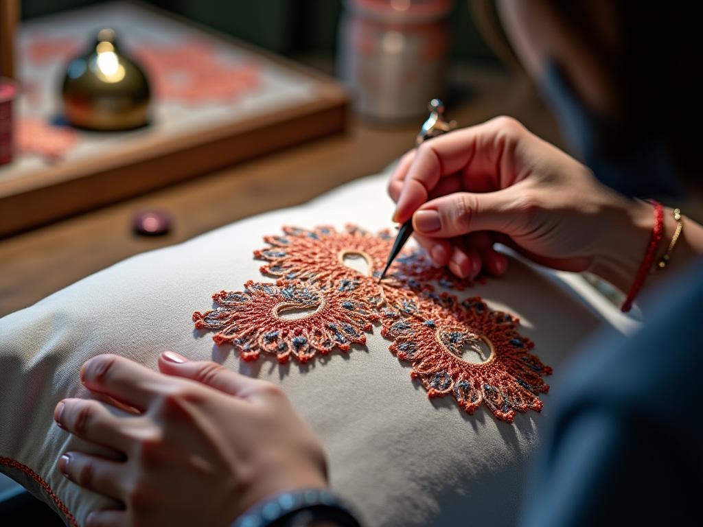 Embroidery specialist working on detailed stitching for luxury pillows showcasing craftsmanship
